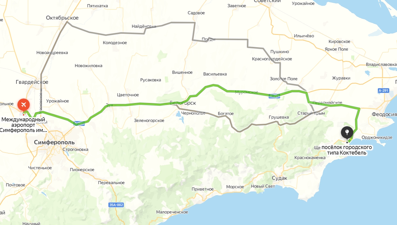 Автомобильная карта маршрута Симферополь — Коктебель